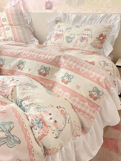 4pcs Floral Lace Bedding Set, Soft & Comfortable Bedroom Linens, Cute Rabbit & Bow Design, Breathable All-Season Bed Set Including 1 Duvet Cover, 1 Flat Sheet, 2 Pillow Shams, No Filling, Suitable For Bedroom, Dorm, Home Use, Multiple Sizes Available