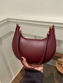 1个咖啡棕色新月形PU皮革单肩/腋下包，时尚简约纯色，适合购物、用作钱包，适合年轻女性、大学生、上班族女性。非常适合办公室、大学、工作、商务、通勤、户外活动、旅行和野餐。 - 酒紅色 - 查看 3