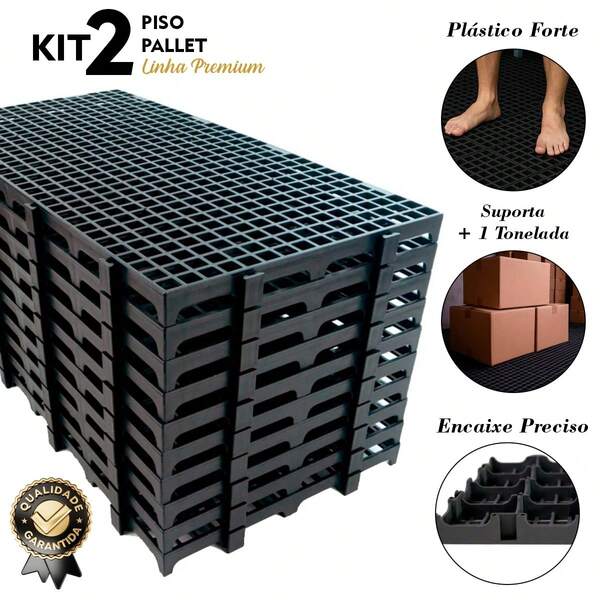 Kit 2 Peças Palete Pallet Estrado Piso Plástico Reforçado Preto 2,8x25x50 Cm Antiderrapante Preto
