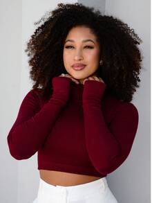 Women's Ribbed Long Sleeve Cropped High Neck Top With Thumb Loops - Redwood - View 3