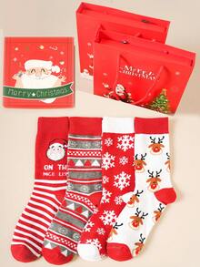 4 双女士圣诞中筒袜礼盒装，驯鹿、狐狸、雪人图案，适合居家、办公室、送礼 - 彩色 - 查看 17