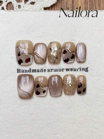 10片手工美甲片，方形/圆形，按压式美甲，短款，复古棕色美甲，闪亮猫眼，豹纹不对称线条闪粉，简约优雅奢华秋季美甲，极简美学秋季按压式美甲，多功能美甲DIY假指甲，适合派对、日常、约会、工作场合，可重复使用，送给女性和女孩的礼物，美甲用品