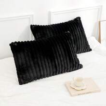 1pc Faux Rabbit Fur Striped Pillowcase, Without Pillow Insert, Zipper Closure, Soft & Cozy Bedding Pillowcase, Removable & Easy To Use For Comfortable Sleep - Black - View 7