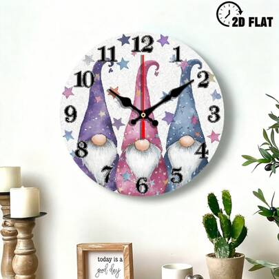 2D Flat 1 Piece 10inch Wooden Watercolor Magic Elf Wall Clock, Silent No Ticking Sound 10inch Battery Operated Wall Clock, Easy-To-Read Clock Suitable For Home Kitchen Living Room Bathroom Office Decoration, 2D Flat