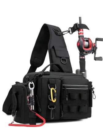 战术迷彩钓鱼单肩包，多功能户外胸包/腰包，带鱼竿固定器，大容量，适合徒步、露营和钓鱼