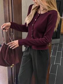 女士长袖开衫，纽扣装饰，商务休闲款式，适合办公室和日常穿着。 - 紫紅色 - 查看 6