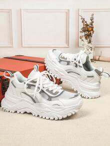 This Fashionable Men's Shoe Features A White And Gray Mesh And Leather Patchwork Design, Paired With A Thick Platform Sole, Making It A Casual And Stylish Low-Top Lace-Up Sneaker. Suitable For Outdoor Hiking, Fitness Activities, Daily Commuting, And Casual Wear. Suitable For Both Men And Women, The Thick Cushioned Sole Provides A Comfortable Wearing Experience, Suitable For All Seasons, And Is An Ideal Gift For New Year And Valentine's Day. - white ash - View 1
