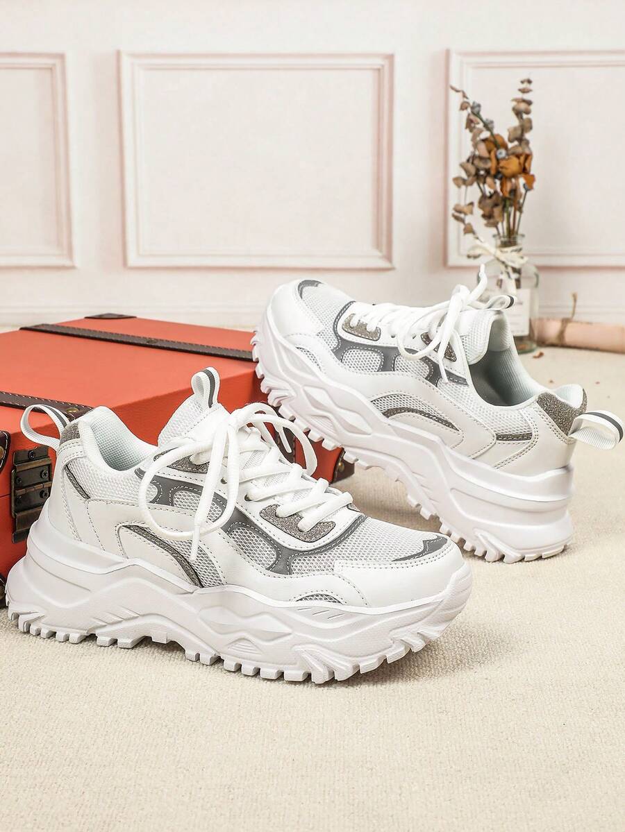 This Fashionable Men's Shoe Features A White And Gray Mesh And Leather Patchwork Design, Paired With A Thick Platform Sole, Making It A Casual And Stylish Low-Top Lace-Up Sneaker. Suitable For Outdoor Hiking, Fitness Activities, Daily Commuting, And Casual Wear. Suitable For Both Men And Women, The Thick Cushioned Sole Provides A Comfortable Wearing Experience, Suitable For All Seasons, And Is An Ideal Gift For New Year And Valentine's Day. - white ash - View 1