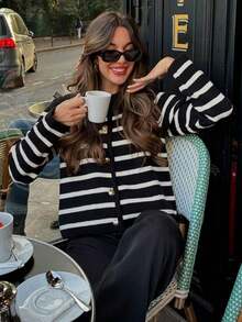 Cárdigan de punto de ajuste holgado y de un solo botonadura en estilo vintage con contraste de color, versátil para otoño/invierno