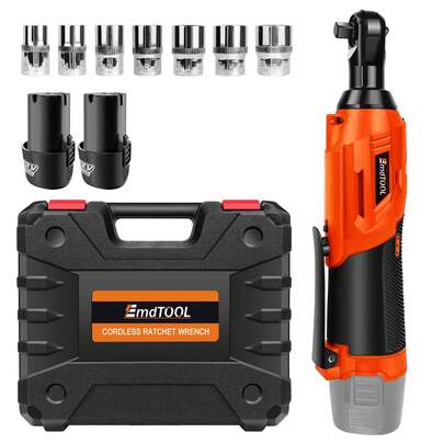 Huini 12V Cordless Ratchet Wrench, 3/8" Electric Ratchet Wrench Kit 40N.M, 0-300 RPM, 90 Angle Wrench, Impact Drive Ratchet Rattle Nut Gun With 2 X Lithium-Ion 1.5Ah Batteries, 7 PCS Sockets, Orange/Black