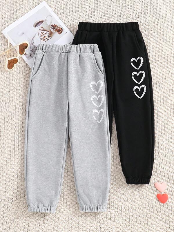 2pcs/Set Girls' Heart Print Elastic Waist Sweatpants, Spring Fashion Casual Joggers