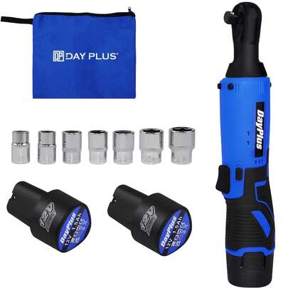 Huini 3/8"Electric Cordless Ratchet Wrench Set W/2pcs Rechargeable Batteries, 40Nm Cordless Ratchet Wrench 90° Angle Wrench With LED Work Light, 7 Sockets Set, Cloth Bag, Blue