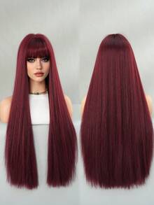 Elegant-30 Inch Velvet Wine Wigs For Women, Long Straight Wigs With Bangs, High Quality Soft Synthetic Fiber Wigs For Women Daily Wear, Festival Ready Party Use, Perfect Gift - Beginners Glueless Wig Accessories - 酒紅色 - 查看 2