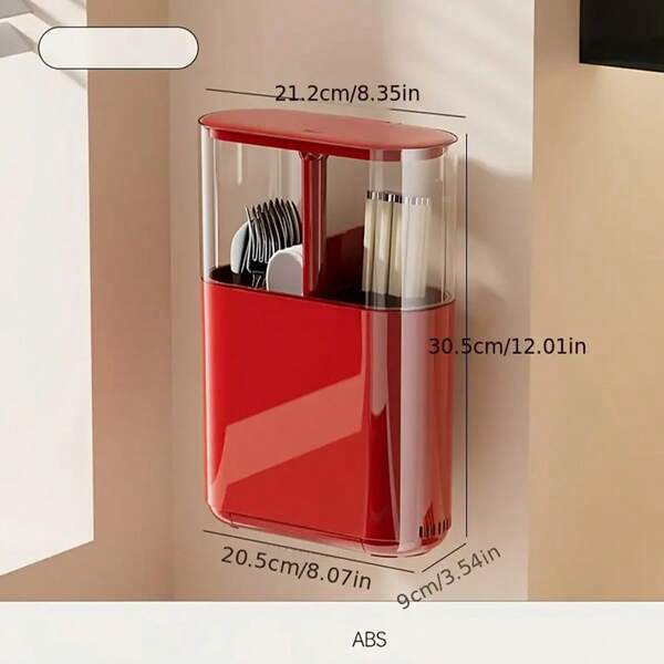 Wandmontierte Essstäbchen-Aufbewahrungsbox für die Küche zu Hause, stanzfreier, staubdichter Essstäbchenkäfig mit Deckel, entleerbar, Essstäbchenröhre zum Anheben durch Drücken