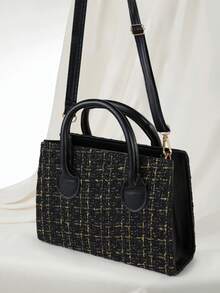 Clariva 时尚简约休闲格子图案双提手方形包，适合女孩、少女作为圣诞礼物 - 黑色 - 查看 3