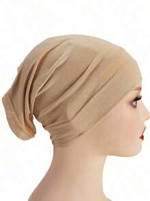 1pc Women Plain Color Tube Cap Hijab Headwear Headband For Abaya Daily Under Cap Veiled Clothes - 淺褐色的 - 查看 6