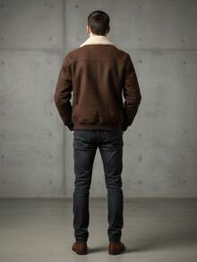 Chamarra De Gamuza Tipo Piloto Para Hombre Con Cuello De Peluche Beige Elegante, Diseño Moderno y Abrigador Ideal Para Otoño e Invierno - Marrón Chocolate - Ver 4