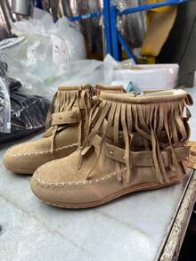 Fall/Winter Fringe Boots For Women Round Toe Flat Loafers New Autumn Side Zipper Plush Casual Boots - Beige - View 12