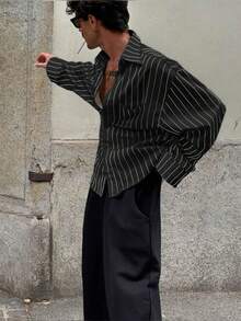 Men's Striped Long Sleeve Shirt, Fashionable Casual Style, Suitable For Spring And Autumn - 黑色 - 查看 3