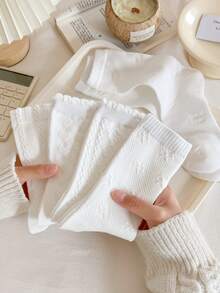 4 Pairs Women's Solid Color Ruffle Hem Printed Mid-Calf Socks, Fashion, Soft & Comfortable, Suitable For Back To School Season And All Seasons, Random Color Assortment - White - View 9