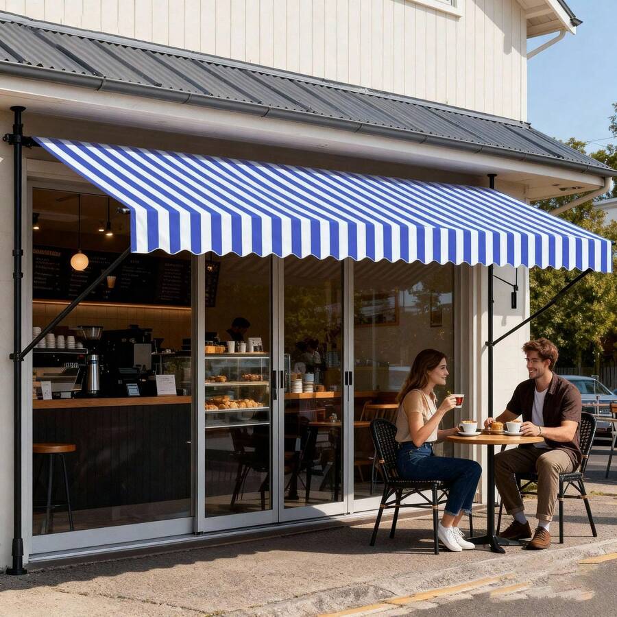 LILIIN Clamp-On Awning For Balcony, 400 Cm Wide - Awning With Hand Crank, Height-Adjustable Balcony Awning Without Drilling, UV Protection, Sun Protection, Weatherproof (400 X 120 Cm, Grey-White/Blue-White/Dark Grey/Light Grey) - Blue and White - View 1