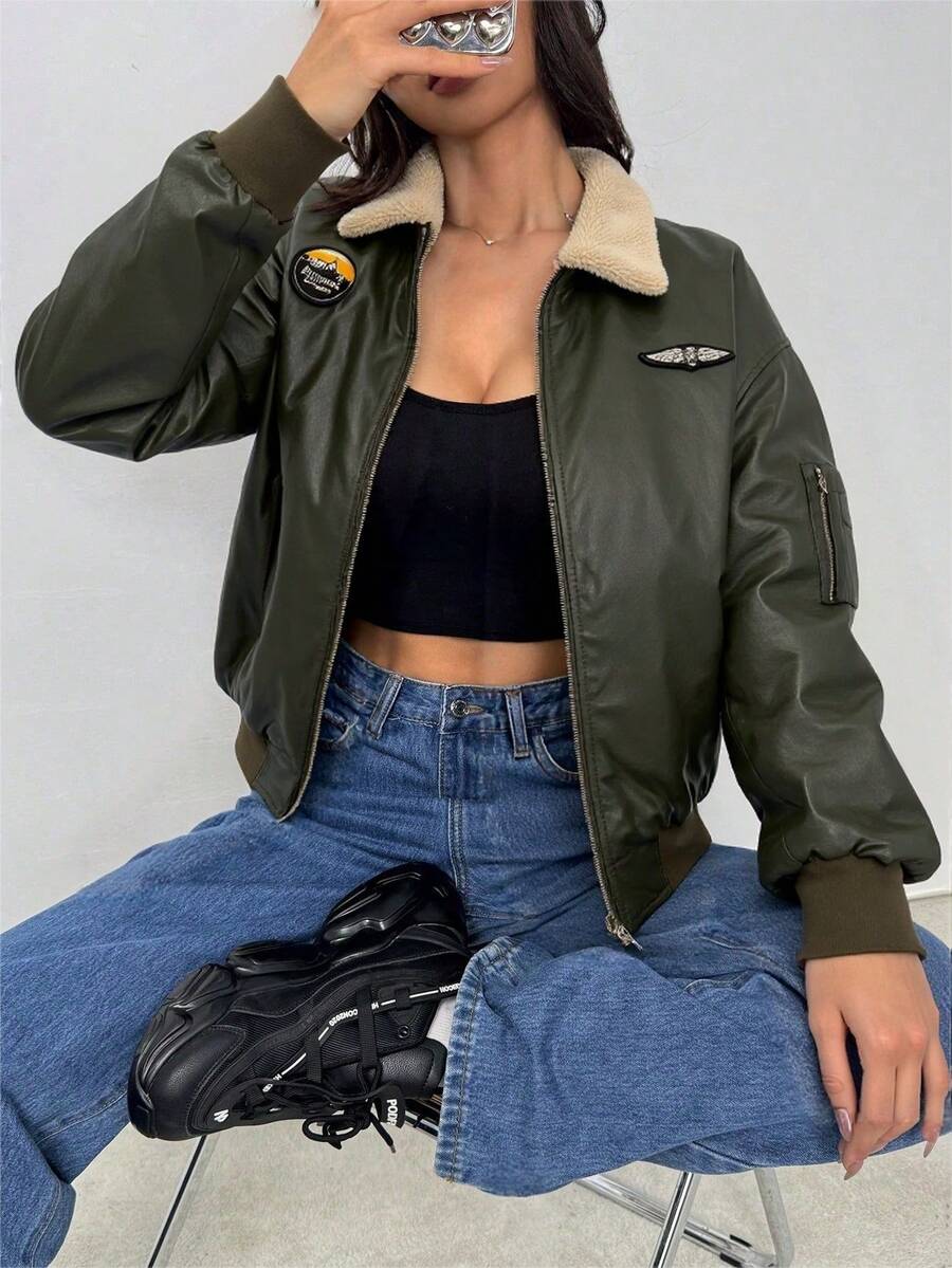 Long Sleeve Regular Fit Bomber Jacket For Women Casual PU Leather Outerwear With Sherpa Collar - 軍綠色 - 查看 1