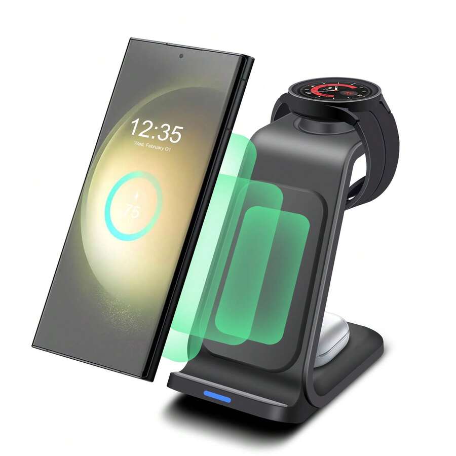 3-In-1 Wireless Charger Station Compatible With Samsung Galaxy S25 Ultra/S24 Ultra/S23/S22/Note 20/Z Flip/Fold 7/6, Compatible With Samsung Galaxy Watch Ultra/8/7/6, Compatible With Galaxy Buds 3/3 Pro - Black - View 1