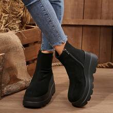新款高跟坡跟踝靴，秋冬季，增高鞋，复古拉链靴，厚底短靴，百搭 - 915黑 - 查看 2