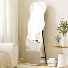 HOMCOM Full-Length Frameless Mirror With Wooden Base And Flexible Mounting, Wave-Shaped, Black - White - View 2