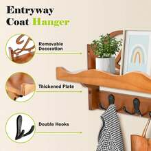 Wall Mount Coat Rack With Shelf - 42cm 5 Dual Hooks Beach Theme |   Entryway Bathroom Storage - Brown - View 4
