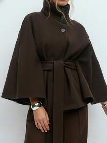 Women's Elegant Solid Color Hooded Poncho Overcoat With Belt, Autumn/Winter - Coffee Brown - View 1