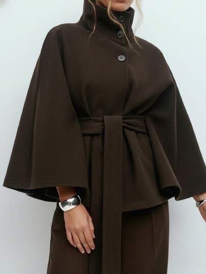 Women's Elegant Solid Color Hooded Poncho Overcoat With Belt, Autumn/Winter
