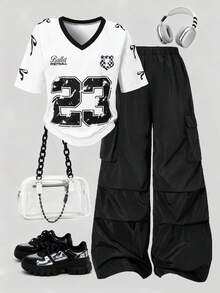 2pcs Tween Girl Numeric Print Short Sleeve Top And Cargo Pants Set - White - View 1