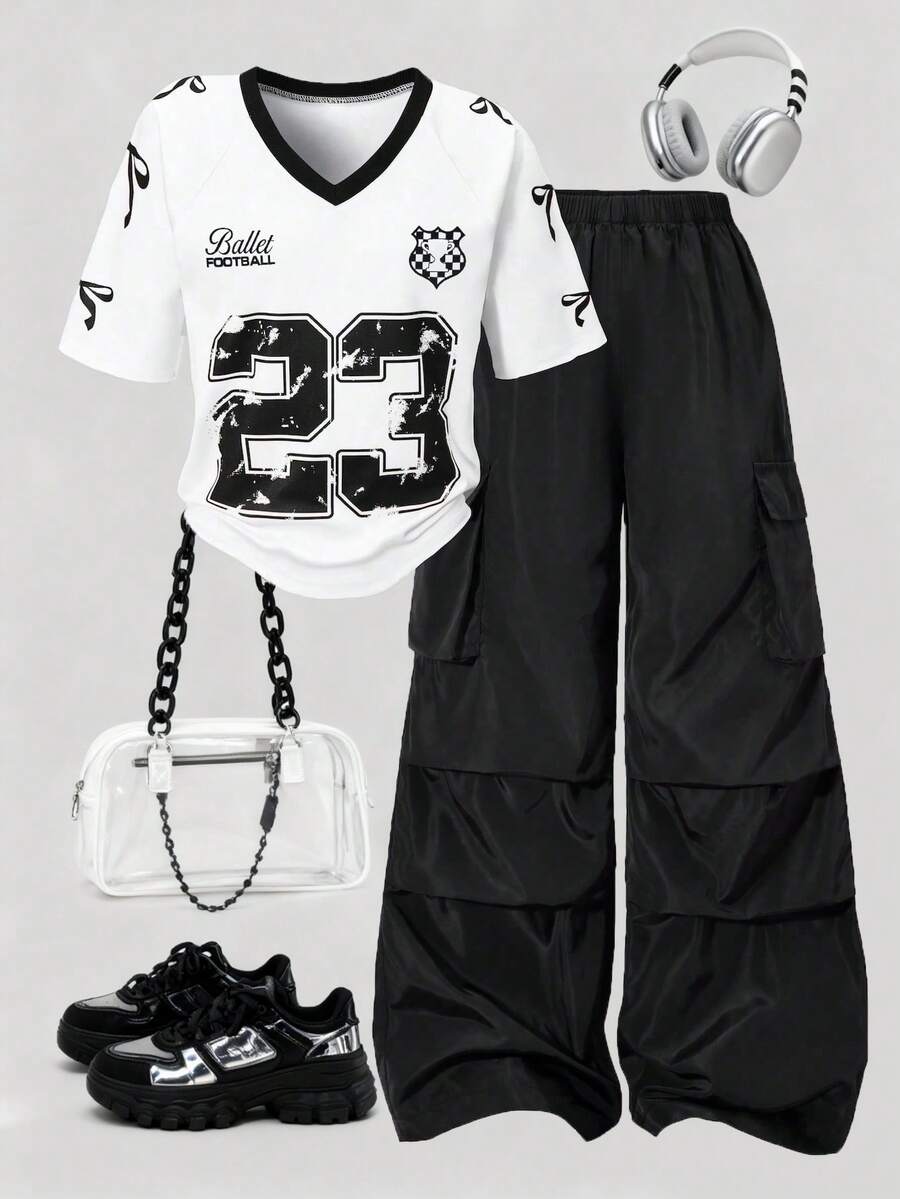 2pcs Tween Girl Numeric Print Short Sleeve Top And Cargo Pants Set - White - View 1