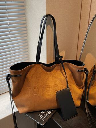 Neue Mode Lässig Große Kapazität Buchstaben verzierte Wildleder Schultertasche mit hängendem Geldbeutel, Retro vielseitige Pendler Damen Handtasche, elegante Damen Tasche und Geldbörse, geeignet für Arbeit, Pendeln, Büro, Reisen und täglichen Gebrauch