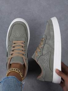 女士休闲运动鞋，时尚小白鞋，街头风格滑板鞋，轻便 - 軍綠色 - 查看 2