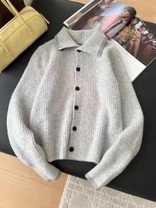 1 pieza Cárdigan de punto acanalado suave de color contrastante, de cuello alto, jersey de manga larga versátil y de moda único para mujer - Gris Claro - Ver 10