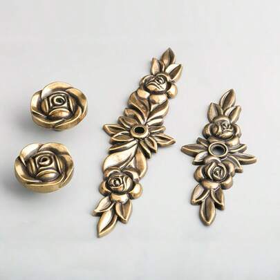8 Pieces European Style Rose Pattern Drawer Handle With Base, Cabinet Door Handle, Suitable For Modern Furniture