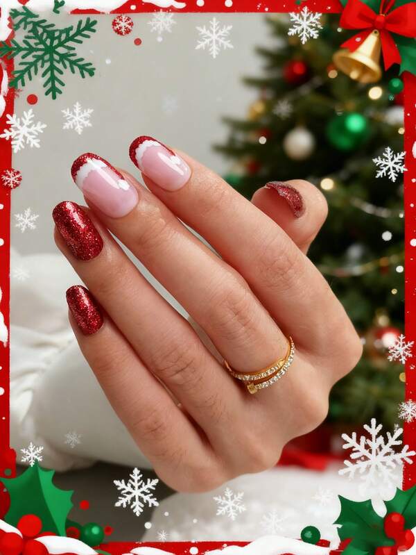 32-Piece Set Of Oval-Shaped Christmas Tree, Snowman, And Reindeer French Design, Glitter Design Fingernail Stickers For Short Nails, Perfect Acrylic False Nail Set, Includes 1 Jelly Gel And 1 Nail File, Easy-To-Wear Christmas And French Nails, Suitable For Women And Girls For Daily Work And Holiday Party DIY Use