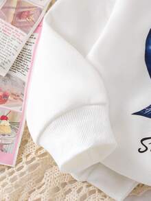 2pcs Baby Girl Letter & Bow Print Long Sleeve Sweatshirt And 3D Bow Flare Leg Jeans Set - Dark Wash - View 4