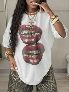 2026 Summer ShirtCoolane Women's Summer Concert Streetwear Vintage Casual Y2K Hippie Old Money Comfortable Lips Graphics Oversized White TeesLoose And Comfortabletops De Mujer - Trắng 3 - Xem 4