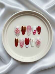 10 pièces Ongles courts en amande faits main pour l'automne/l'hiver, ongles léopard dégradé rose-blanc avec French manucure, ongles avec art peint à la main de motif écaille de tortue et floral, relief 3D en goutte et accent de perle dorée, set d'ongles amovibles et réutilisables (incluant colle à ongles et lime) - & Ongles de Noël mignons - Fête et Mariage - Multicolore - Voir 2