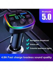 Cargador inalámbrico para automóvil Nuokaiqi con transmisor FM, soporte para unidad USB, carga rápida Dual USB y Tipo-C, manos libres, material ABS, universal para teléfonos inteligentes, accesorios electrónicos para automóviles, sin batería - Negro - Ver 1