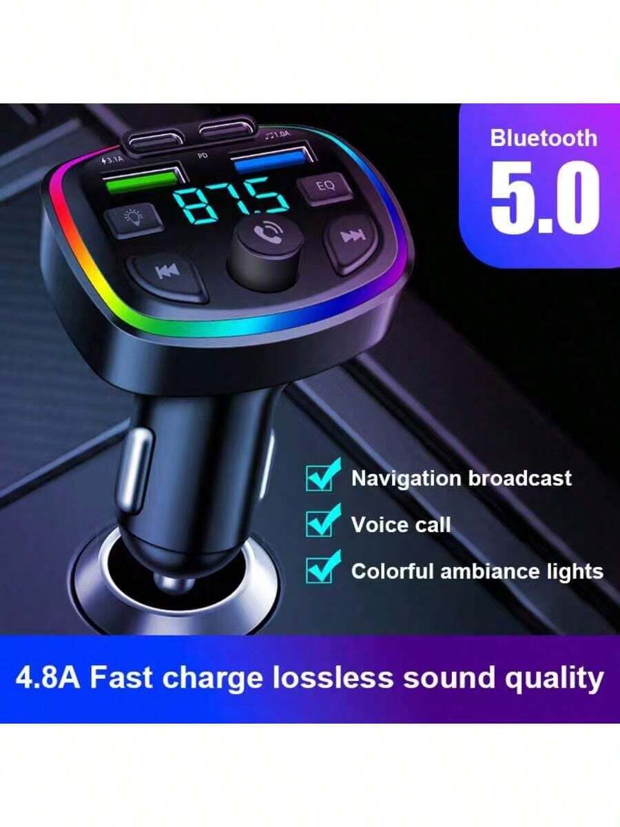 Cargador inalámbrico para automóvil Nuokaiqi con transmisor FM, soporte para unidad USB, carga rápida Dual USB y Tipo-C, manos libres, material ABS, universal para teléfonos inteligentes, accesorios electrónicos para automóviles, sin batería - Negro - Ver 1