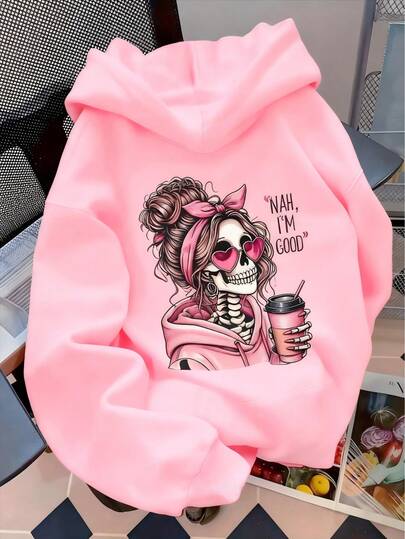 Sudadera con capucha de forro polar con estampado gráfico casual y ajuste holgado para mujer, invierno, Día de Muertos y Halloween cráneo