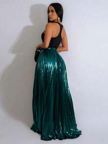 Women's Metallic Pleated High Slit Skirt, Summer Fashion - Dark Green - View 2