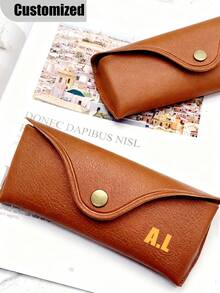 Personalized Name/Initial Brown PU Leather Classic Retro Elegant Eyeglass Case, Portable Glasses Storage Box, Unisex Student Eyewear Accessory - Multicolor - View 4