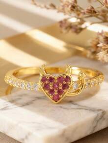 1pc Personalized Angel Devil Heart Eternal Wedding Ring, Copper Material Luxury Inlaid Red Synthetic Cubic Zirconia, Luxury Adult Jewelry, Mother's Day Gift, Halloween, Easter, Anniversary Birthday Gift