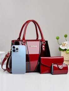 3pcs Women's PU Leather Handbag Set, Elegant Fashion Tote Bag With Coin Purse And Card Holder, Multifunctional Large Capacity Shoulder Bag, Stylish And Unique Design, Multiple Color Options - Burgundy - View 3