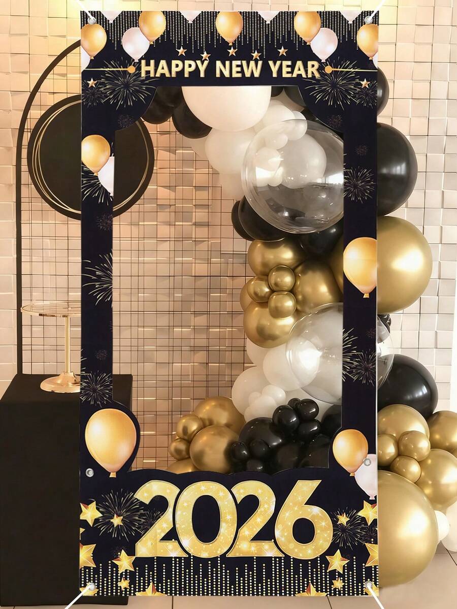 1件2026新年装饰，黑金气球拍照背景，适用于2026新年派对，2026新年快乐悬挂装饰横幅，2026新年拍照道具，新年礼物，新年庆祝用品，新年派对装饰，派对背景装饰，派对礼品
